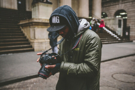 camera, canon, city, Cover, lens, male, people, snow