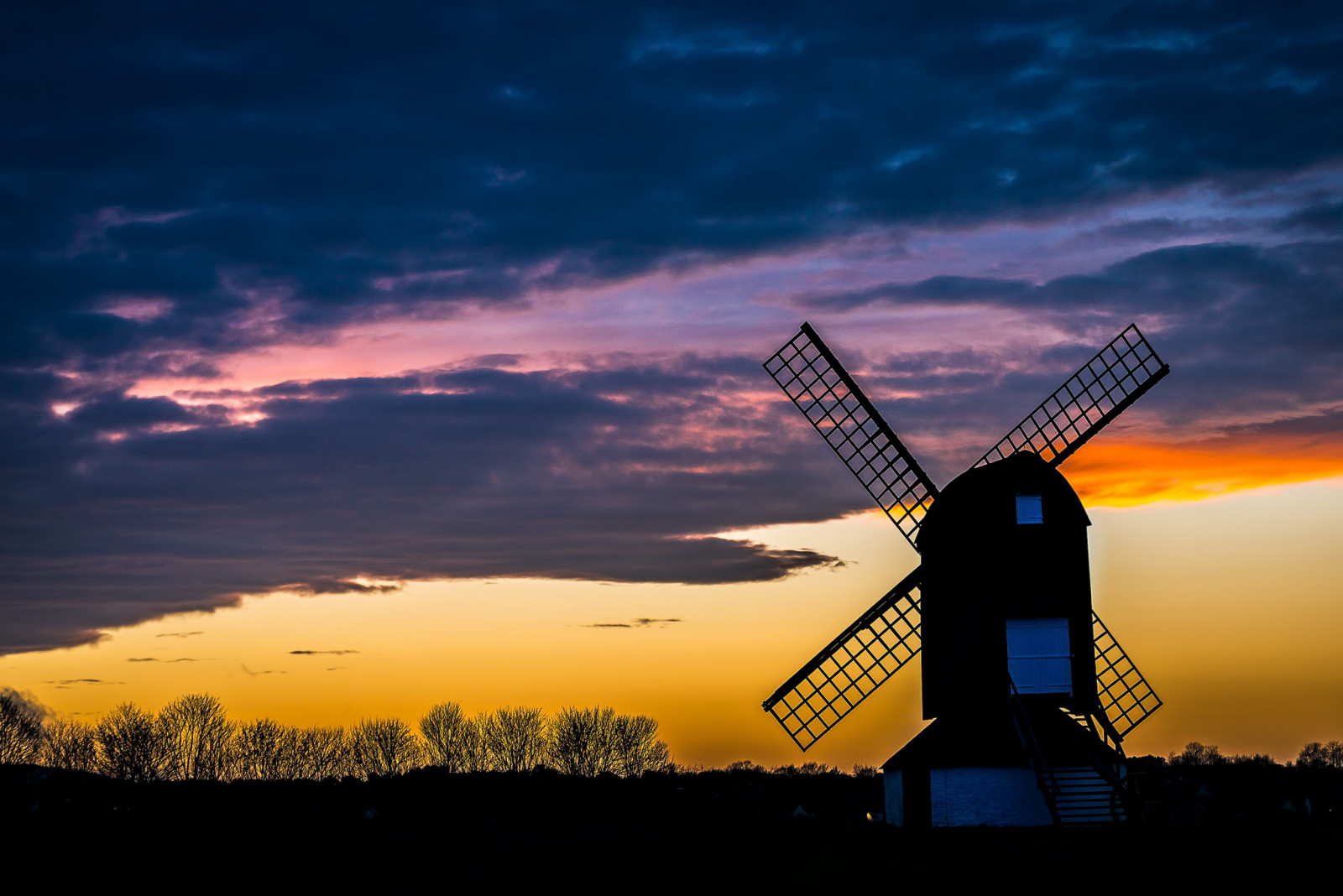 gökyüzü, akşam, ağaçlar, bulutlar, parıltı, WINDMILL