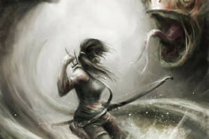 arrows, art, bow, girl, Lara Croft, monster, Tomb Raider, weapons