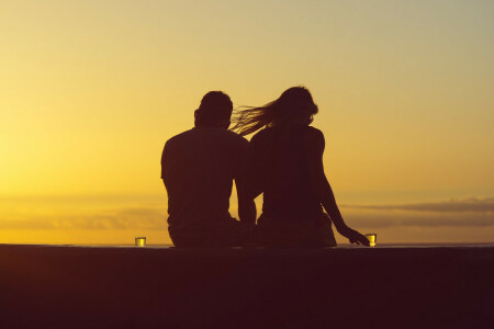 clouds, girl, glass, hair, male, pair, sunset