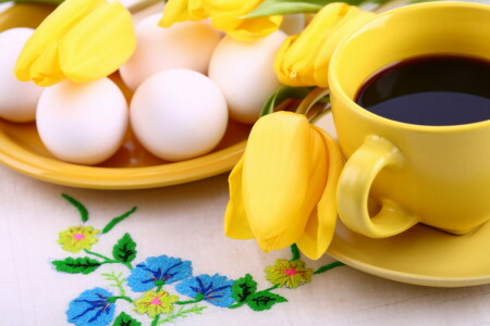 coffee, Cup, eggs, tulips, yellow