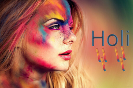 Hintergrund, braune Haare, Nahansicht, bunt, Gesicht, Festival, Mädchen, Holi