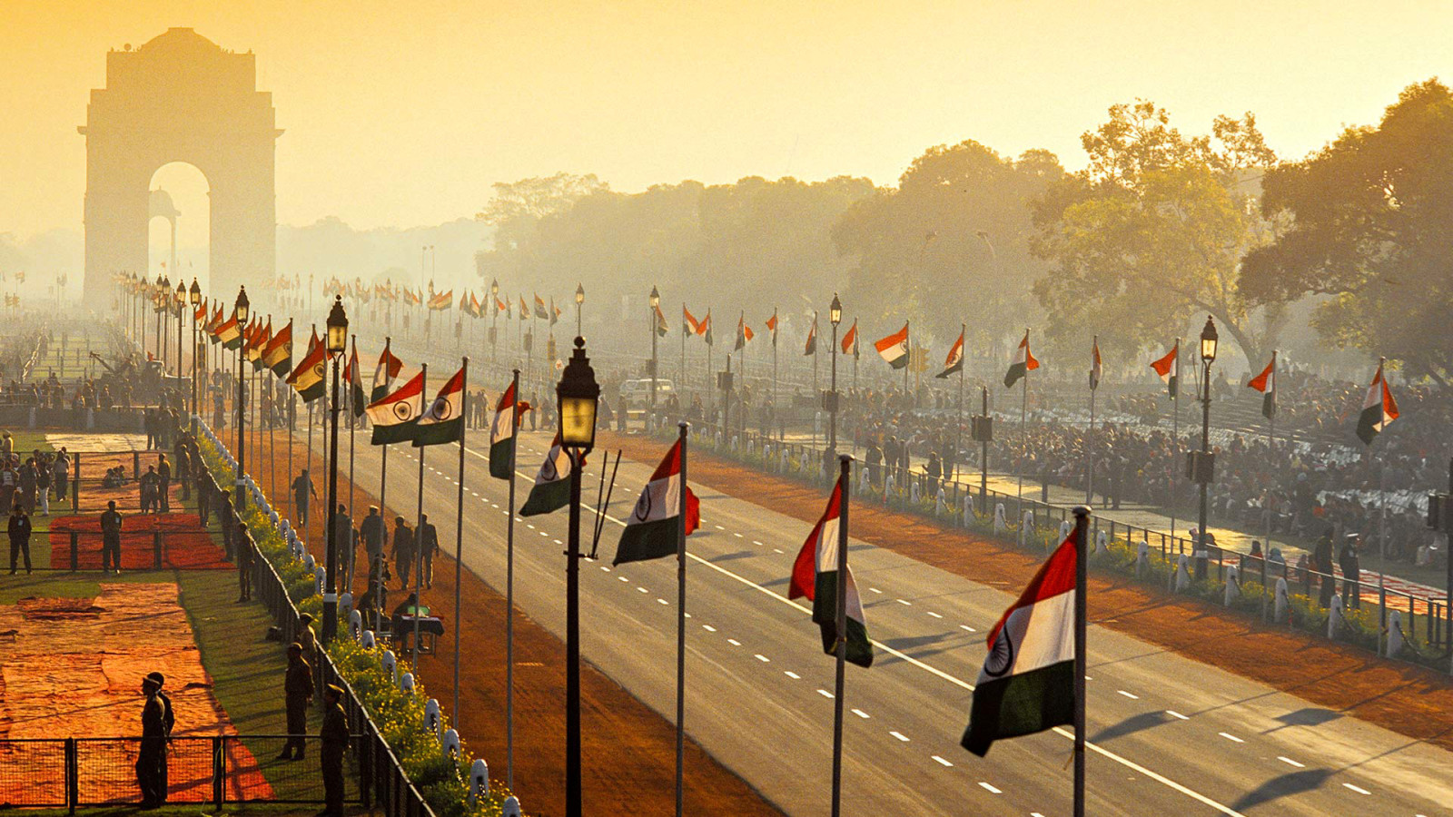 calle, arco, banderas, Desfile, India, Nueva Delhi, Día de la república