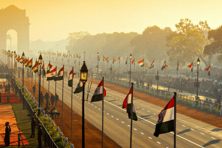 arco, banderas, India, Nueva Delhi, Desfile, Día de la república, calle