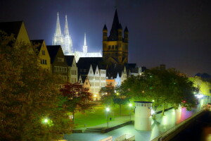 Kolín nad Rýnem, Německo, HDR, světla, noc, fotografie, město