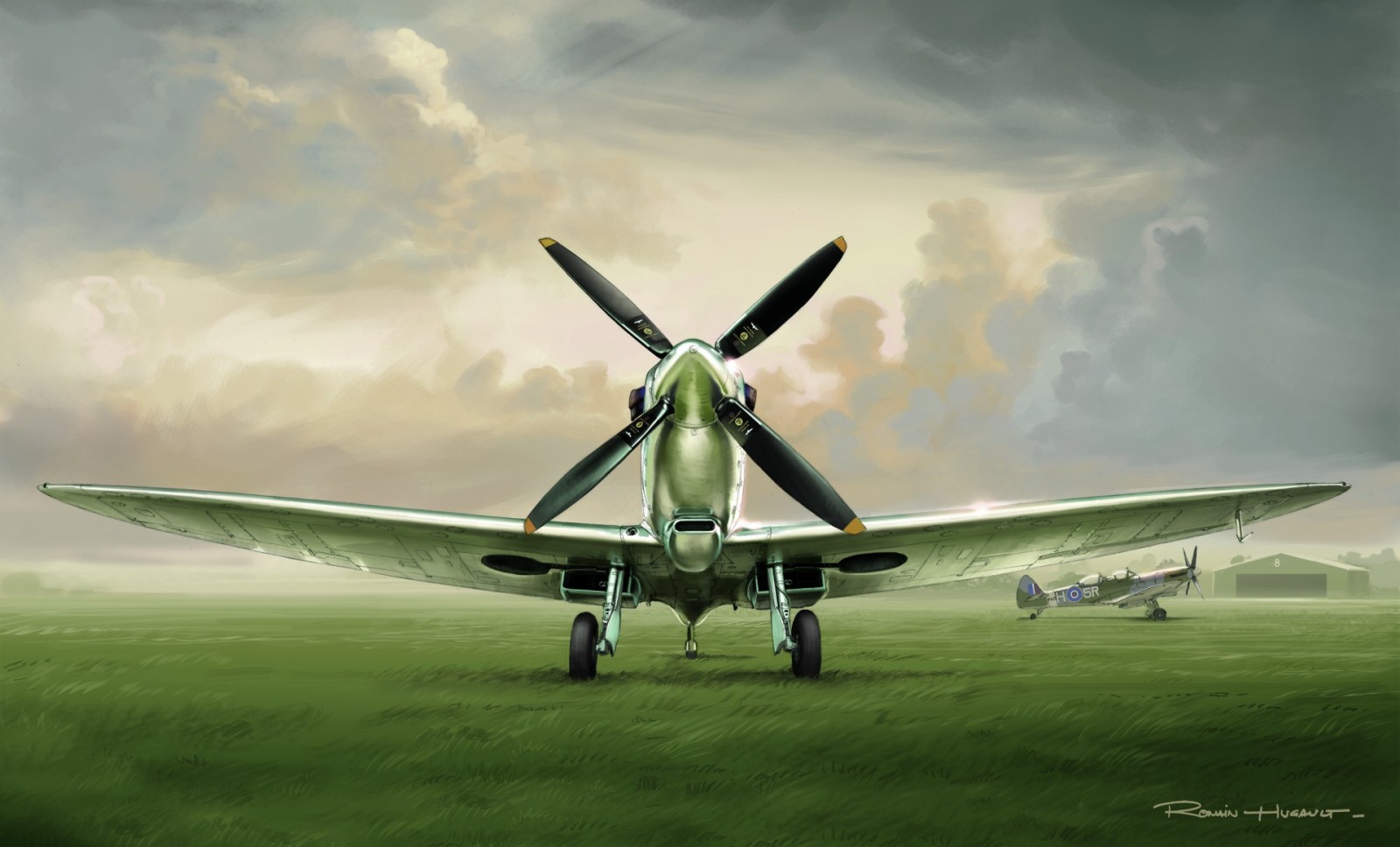 Gras, Wolken, Zahl, Kämpfer, RAF, Spitfire, der Flugplatz, Romain Hugault