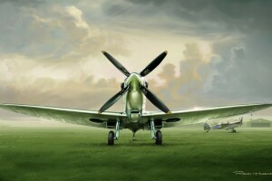 clouds, Fighter, figure, grass, RAF, Romain Hugault, Spitfire, the airfield