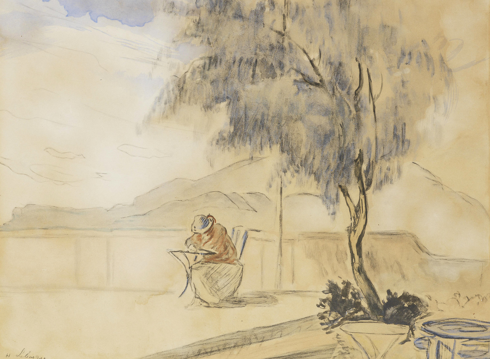 tree, landscape, mountains, figure, watercolor, On The Terrace, Henri Lebacq