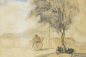 figure, Henri Lebacq, landscape, mountains, On The Terrace, tree, watercolor