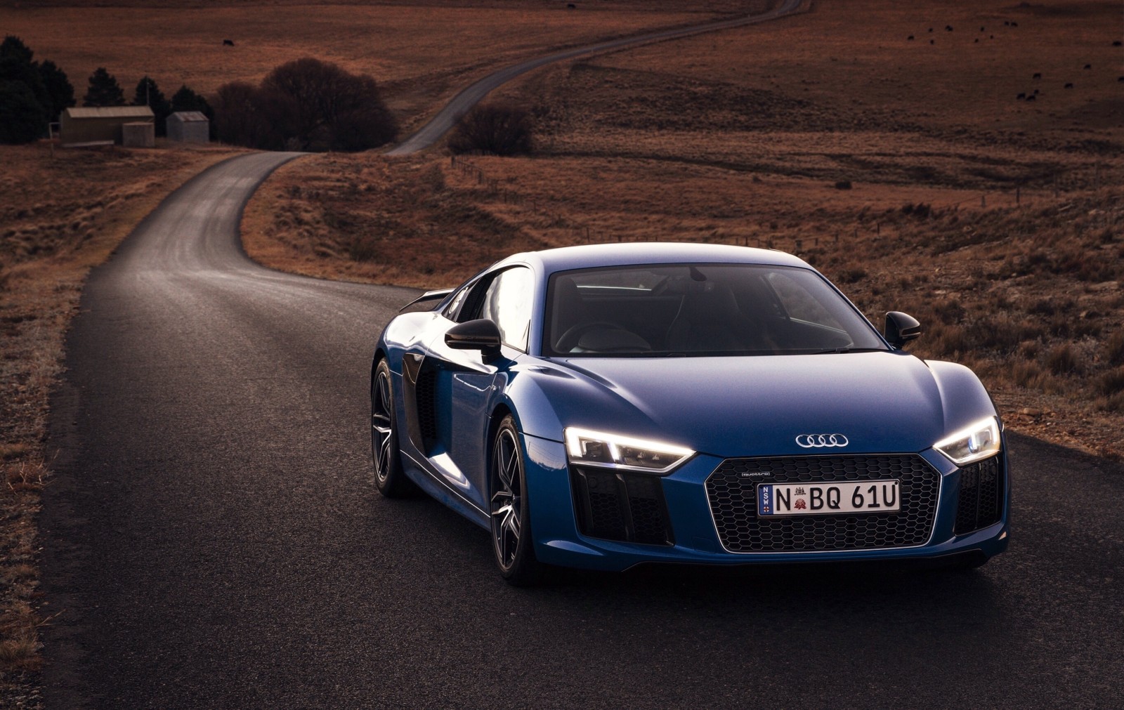 bleu, route, voiture, lumières, Audi, Machine, V10, Le devant