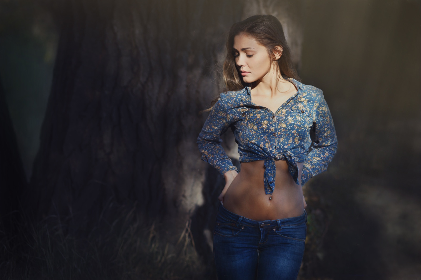 forest, girl, jeans, shirt