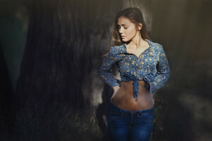 foresta, ragazza, jeans, camicia