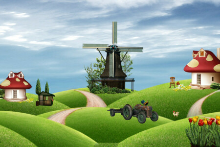 collage, granja, campo, casa, seta, cuento, tractor