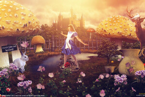 alice in wonderland, animals, By Namo, castle, girl, glare, grass, mushrooms