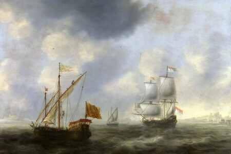 flag, Jacob Adriaensz Bellevois, picture, sail, sea, seascape, ship, wave