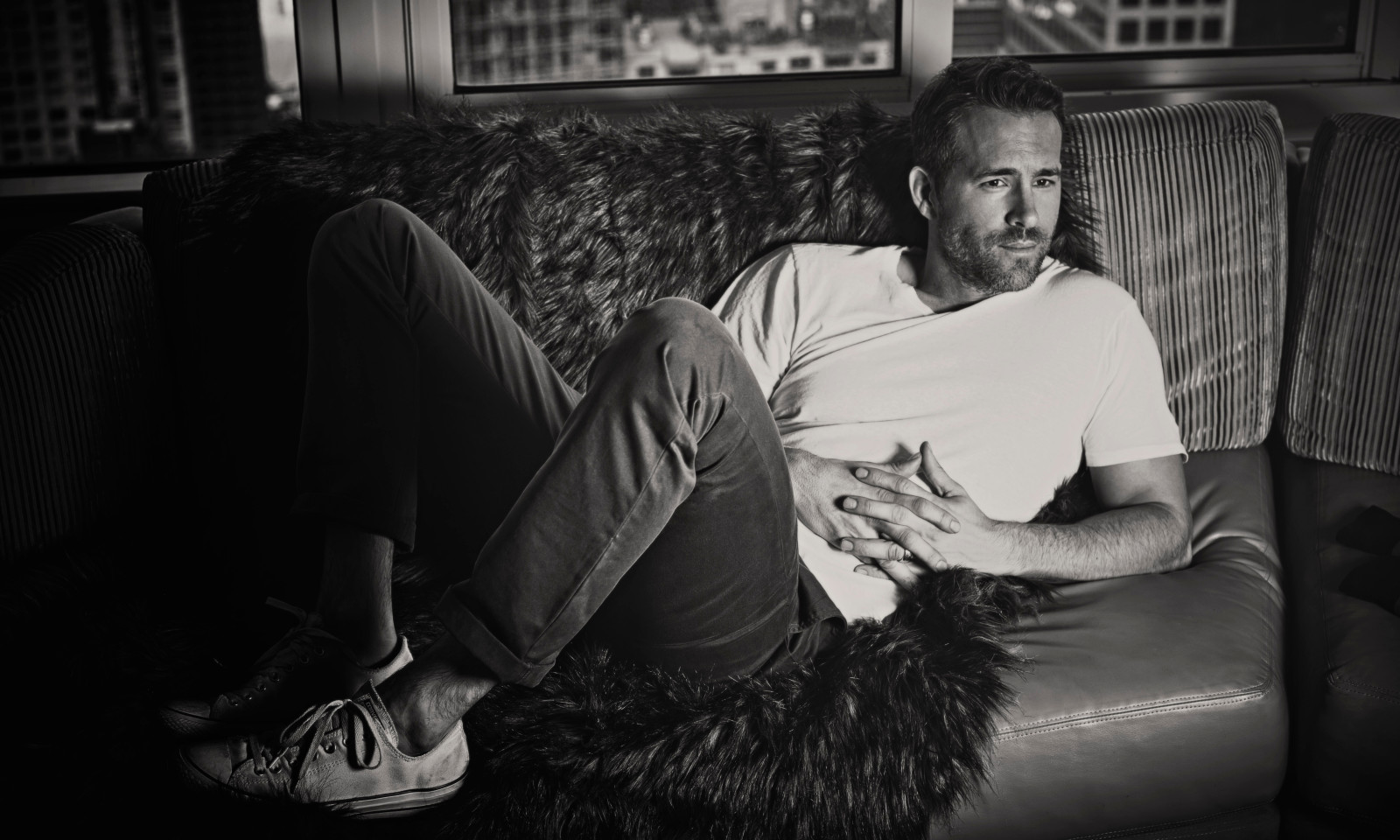 black and white, lies, fur, jeans, actor, photo, photoshoot, Deadpool