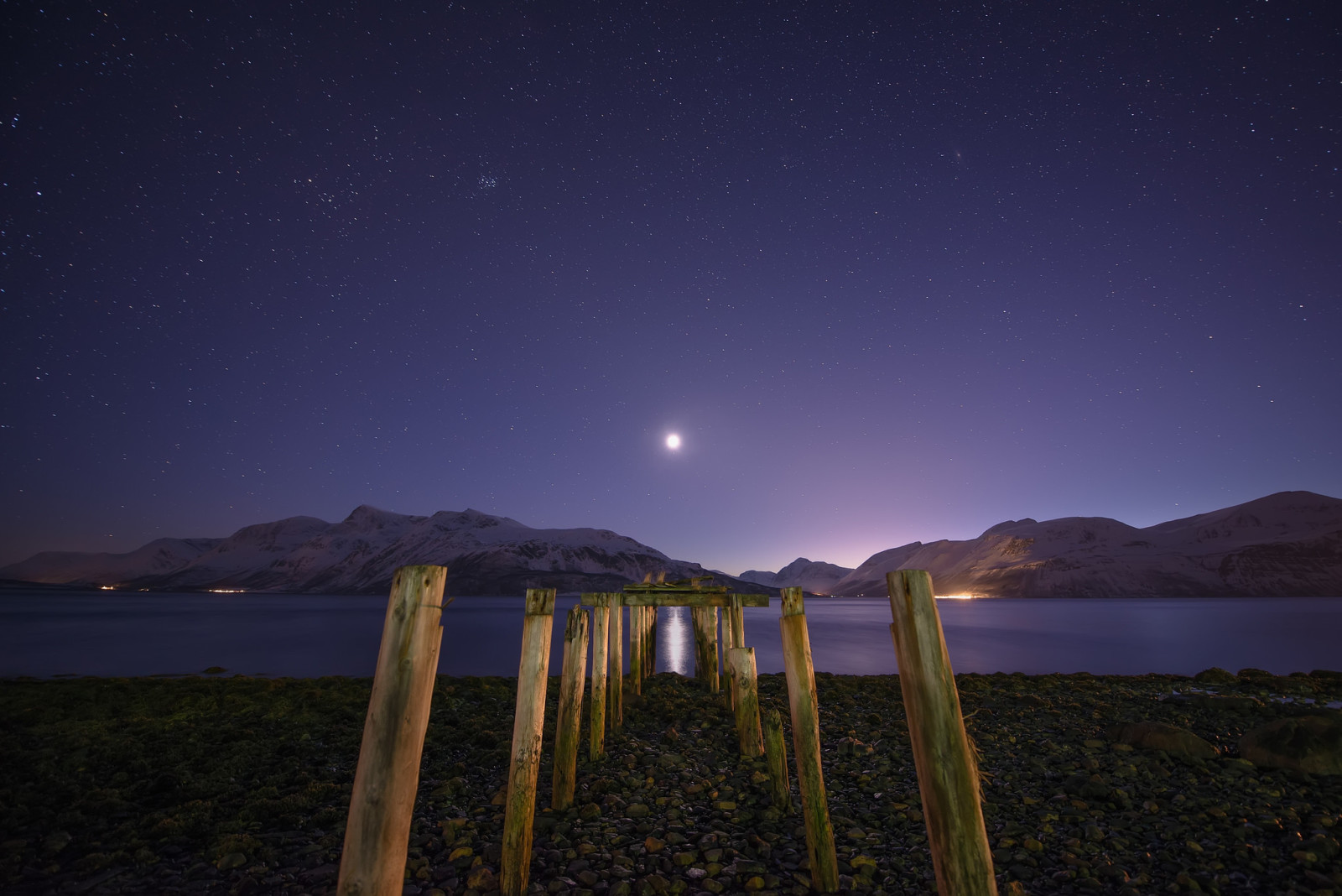 snow, lake, night, The moon, mountains, moonlight, stars, support