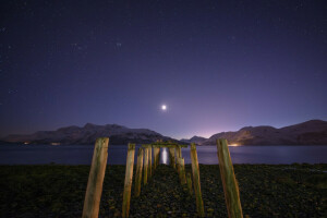 lake, moonlight, mountains, night, snow, stars, support, The moon