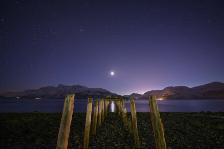 Lac, clair de lune, montagnes, nuit, neige, étoiles, soutien, La lune