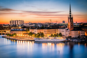 home, lights, sea, ship, stockholm, Sweden, the sky