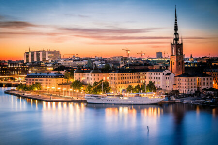 hjem, lys, hav, skib, Stockholm, Sverige, himlen