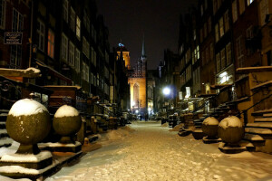 Gdansk, huis, nacht, Polen, straat, winter