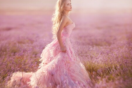 dress, lavender, meadow, model