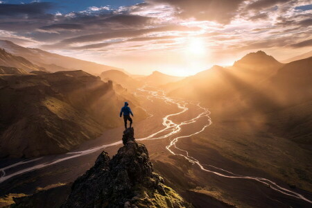 morning, mountains, people