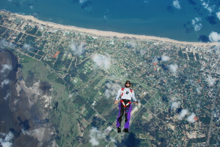 beach, camera, clouds, helmet, Parachute, parachuting, river, sea