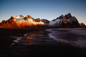 Islanti, valo, vuoret, meri, Stockksness, Vestrahorn