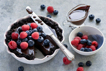 berries, blueberries, chocolate, knife, Pie, raspberry