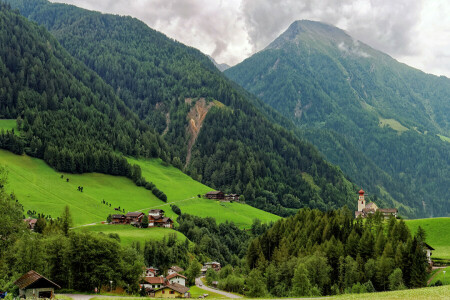 terület, erdő, Fundres, zöldek, Házak, Olaszország, hegyek, lejtő