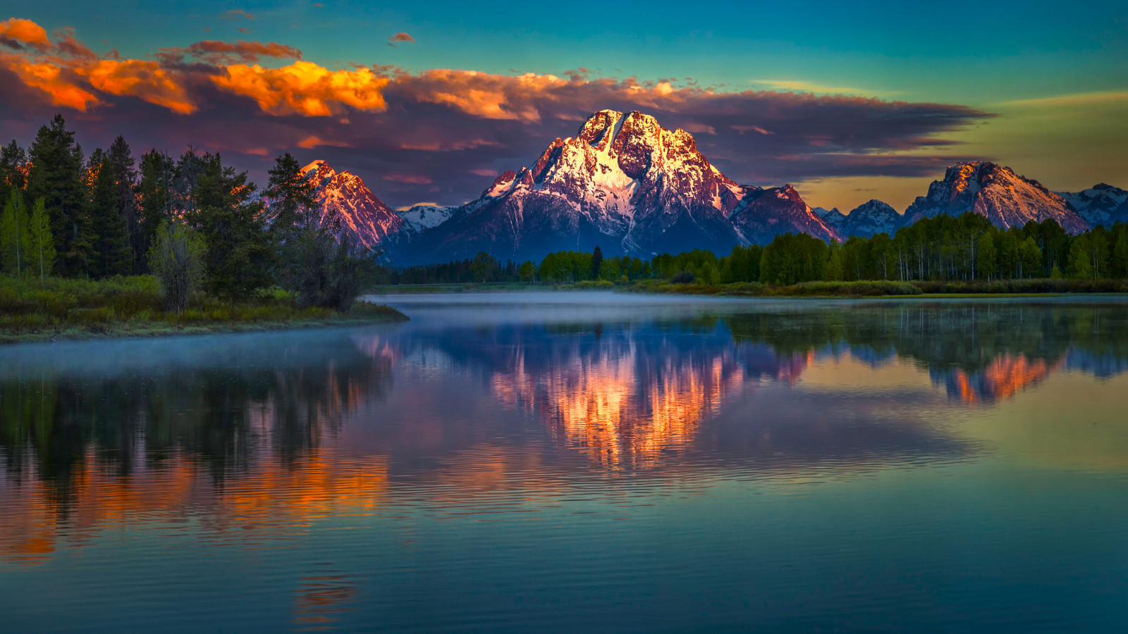 río, Montaña, paisaje, reflexión, Mañana, agua, amanecer, serpiente