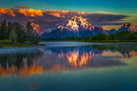 landschap, Moran, ochtend-, Berg, reflectie, rivier-, slang, zonsopkomst