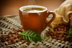 arôme, café, grains de café, tasse, feuilles