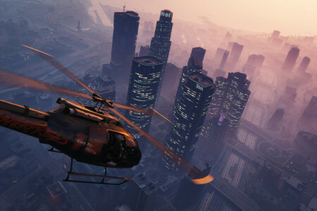 stad, spellen, Grand Theft Auto V, GTA 5, GTA V, zonsondergang, de stad