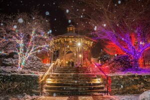 Boylston, Christmas, garland, holiday, ladder, lights, New Year, night