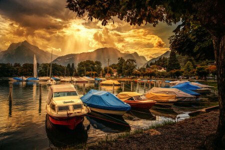 barcos, nuvens, montanhas, tratamento