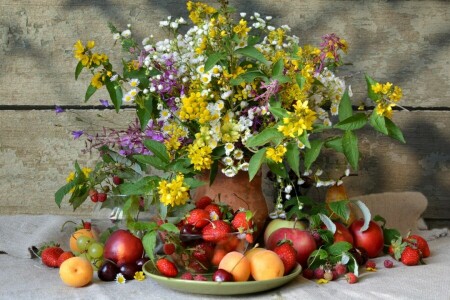 apple, apricots, berries, bouquet, Cherry, flowers, fruit, grapes