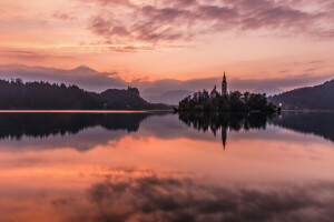 Kilise, parıltı, ada, Lake Bled, dağlar, doğa, Slovenya, akşam