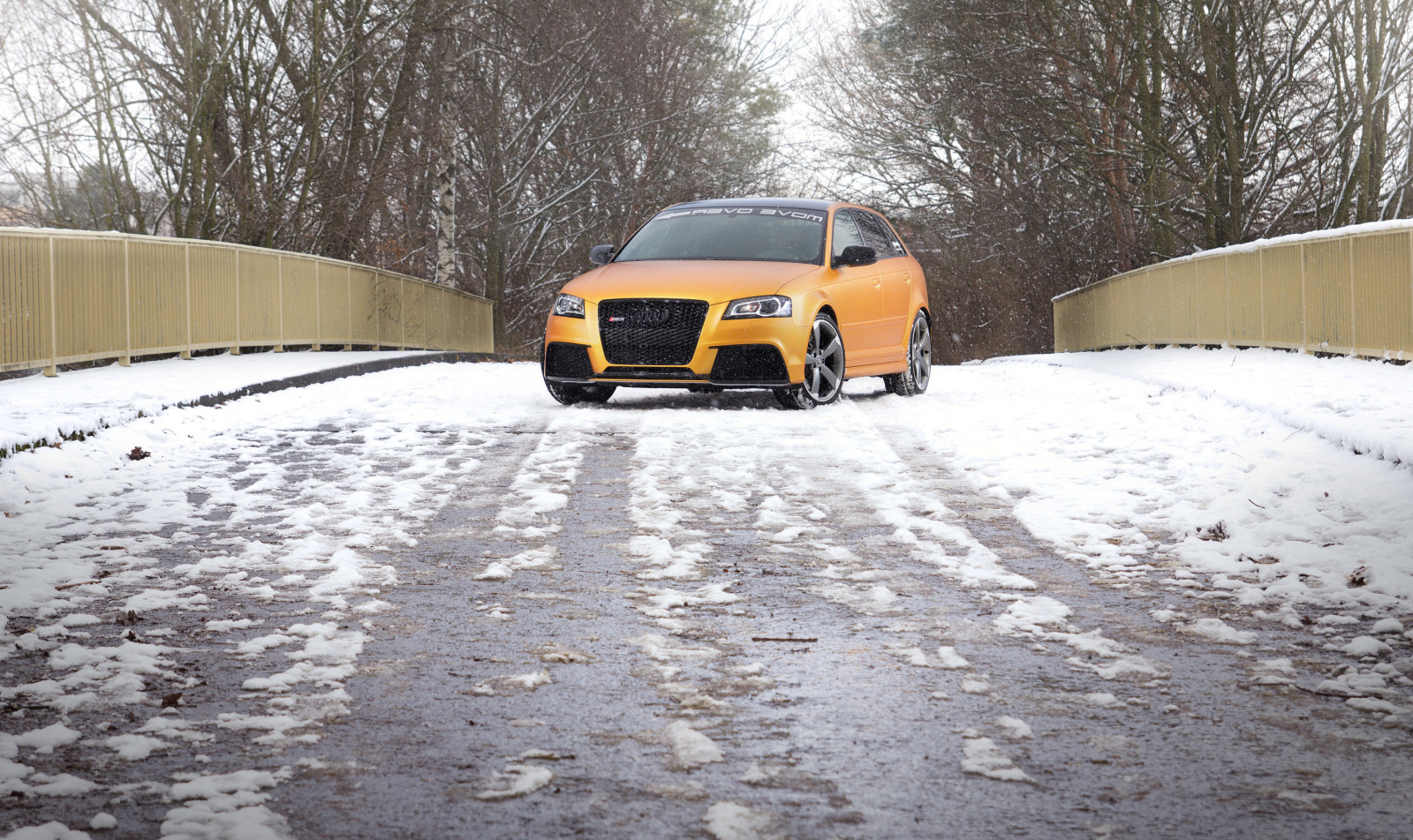 nieve, la carretera, coche, Audi, vista frontal, RS3, Sportback, Schwabenfolia