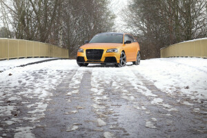 Audi, coche, vista frontal, Oro naranja, la carretera, RS3, Schwabenfolia, nieve