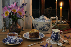 books, cake, candle, flowers, glasses, set, style, the tea party