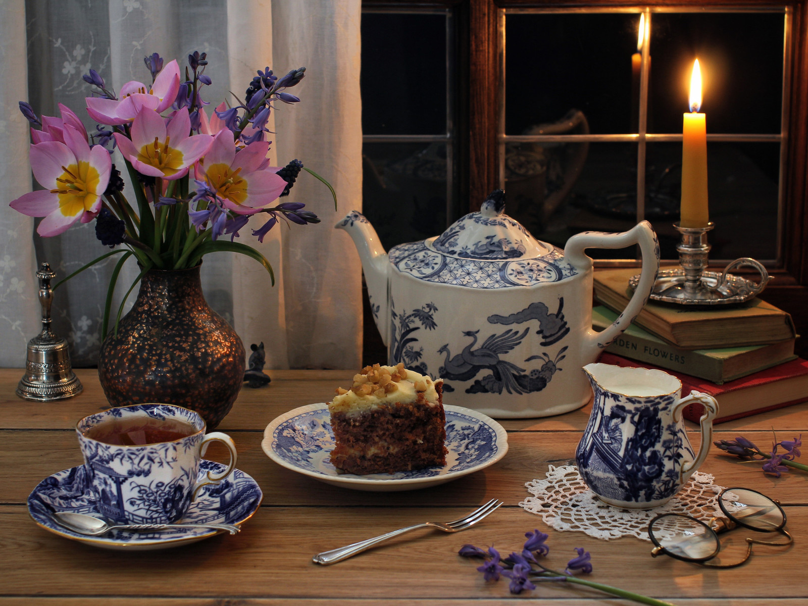 books, flowers, tulips, style, glasses, cake, candle, the tea party