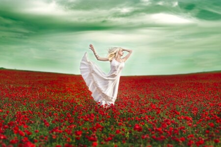 dance, dress, field, flowers, girl, Maki, mood, Vanessa Galway