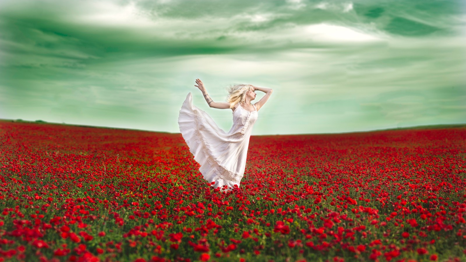 mood, girl, field, flowers, dance, dress, Maki, Vanessa Galway