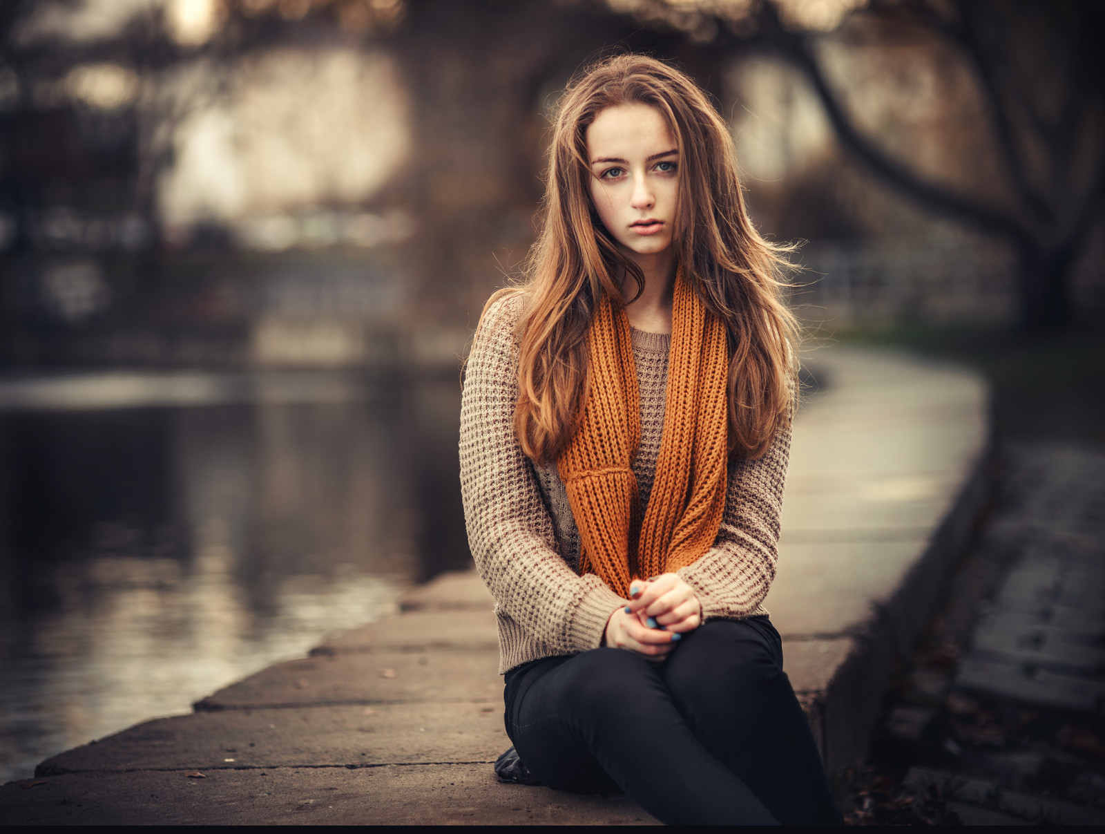 kijken, Park, humeur, bokeh, straat, rivier-, meisje, portret