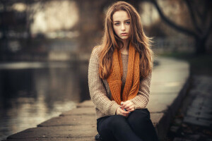 BELLEZZA, bokeh, capi di abbigliamento, Dmitrij Butvilovskij, ragazza, jeans, a maglia, Guarda