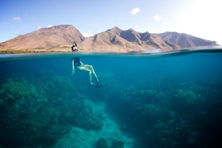 clouds, mountains, reefs, summer, surface, the diver, the sky, the sun