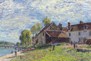 Alfred Sisley, Bridge, clouds, home, landscape, people, picture, river